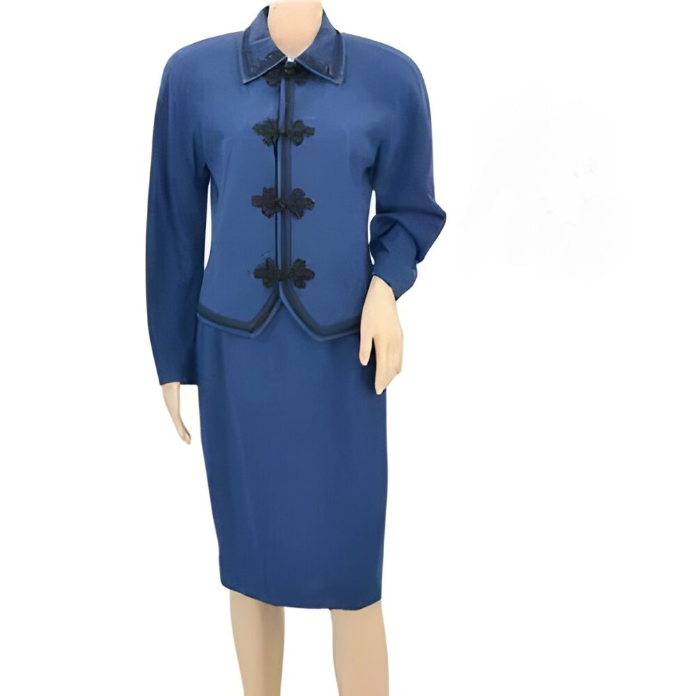 Vintage 80s Ellen Tracy Military Structured Blue Blazer Pencil Skirt Suit M 6 - Picture 2 of 5
